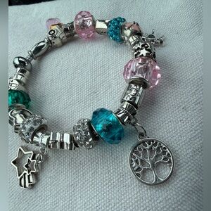 European Charm Bracelet Pink Teal Beads Fits Pandora
